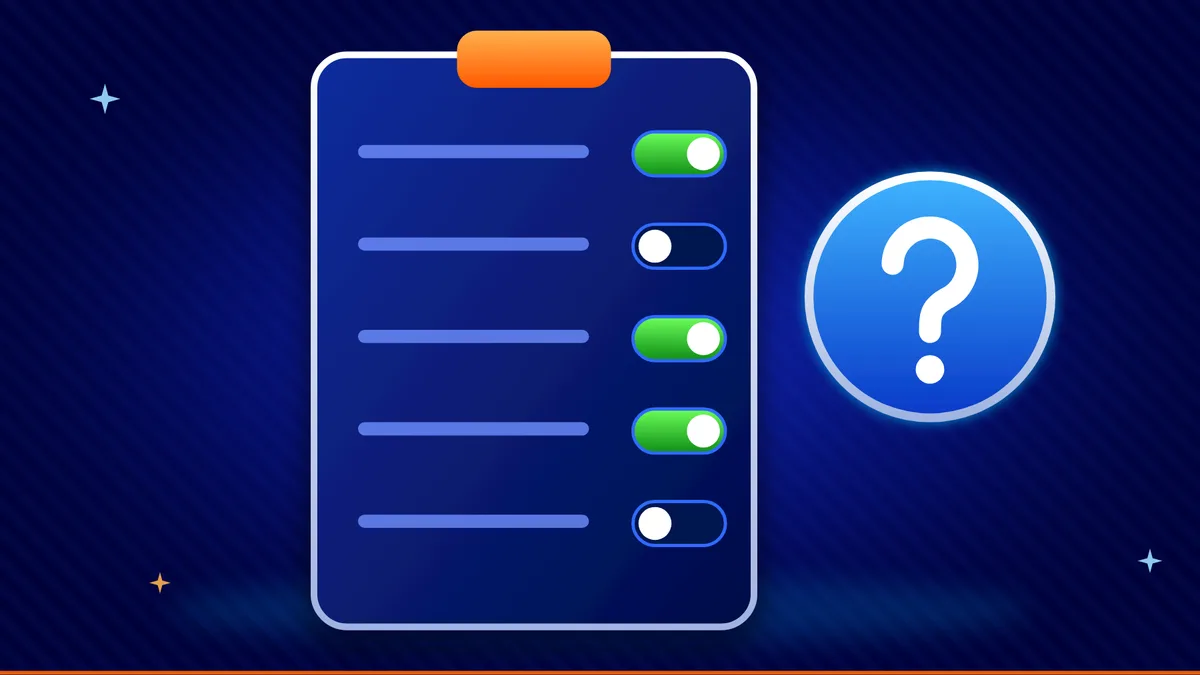 Ілюстрація самотесту: список питань із перемикачами та знак питання